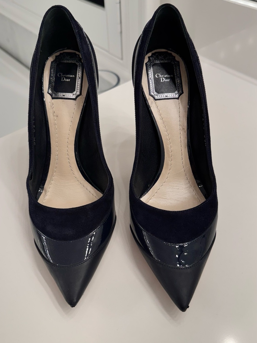 Dior Navy Suede and Patent Leather Pointed Pumps